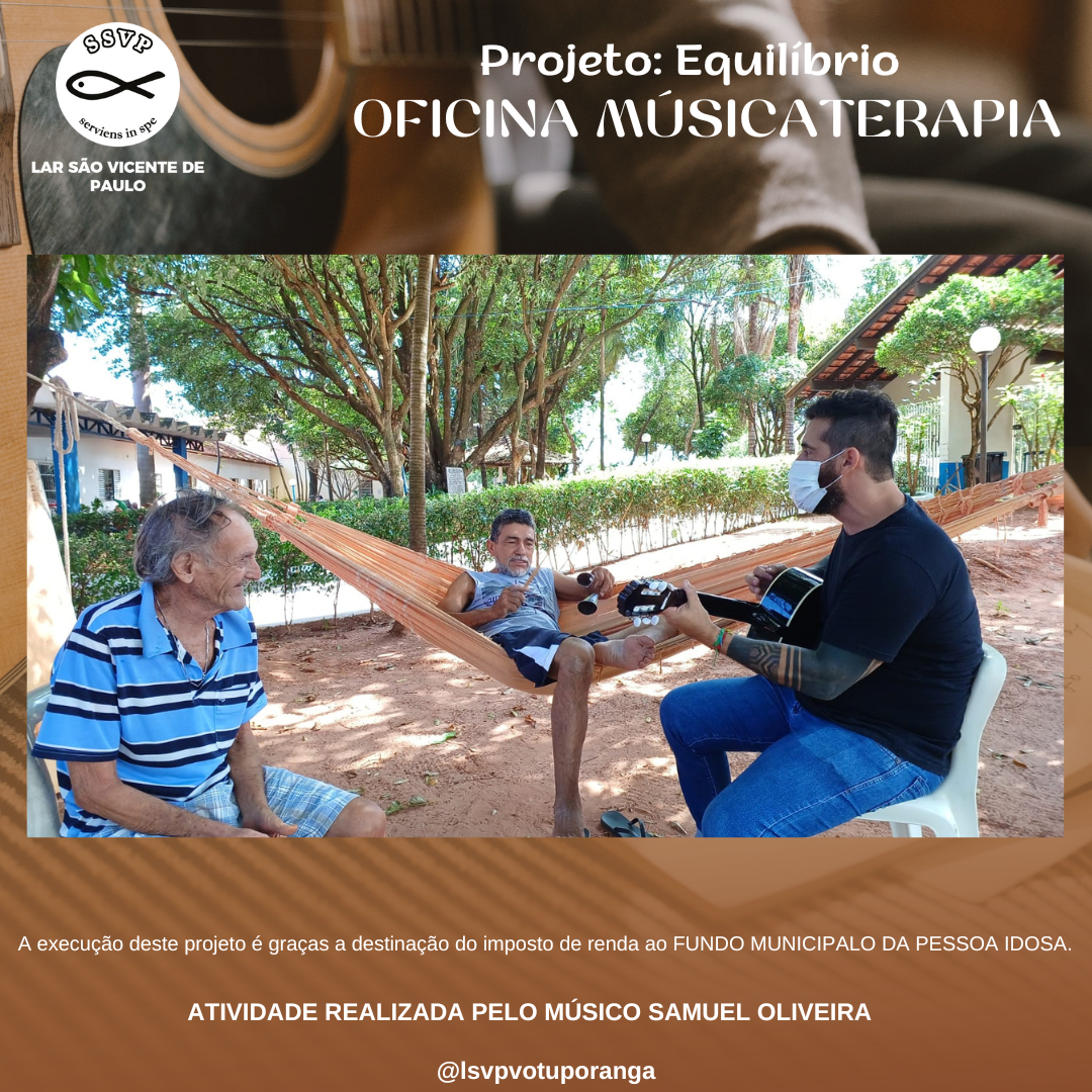 Hoje foi dia de: Oficina de musicaterapia

Proporcionando, integração, criatividade, comunicação e memória. (Além de deixar o dia mais alegre)

Projeto: Equilíbrio
Músico: Samuel Oliveira

Projeto executado graças a destinação do imposto de renda ao FUNDO MUNICIPAL DA PESSOA IDOSA.